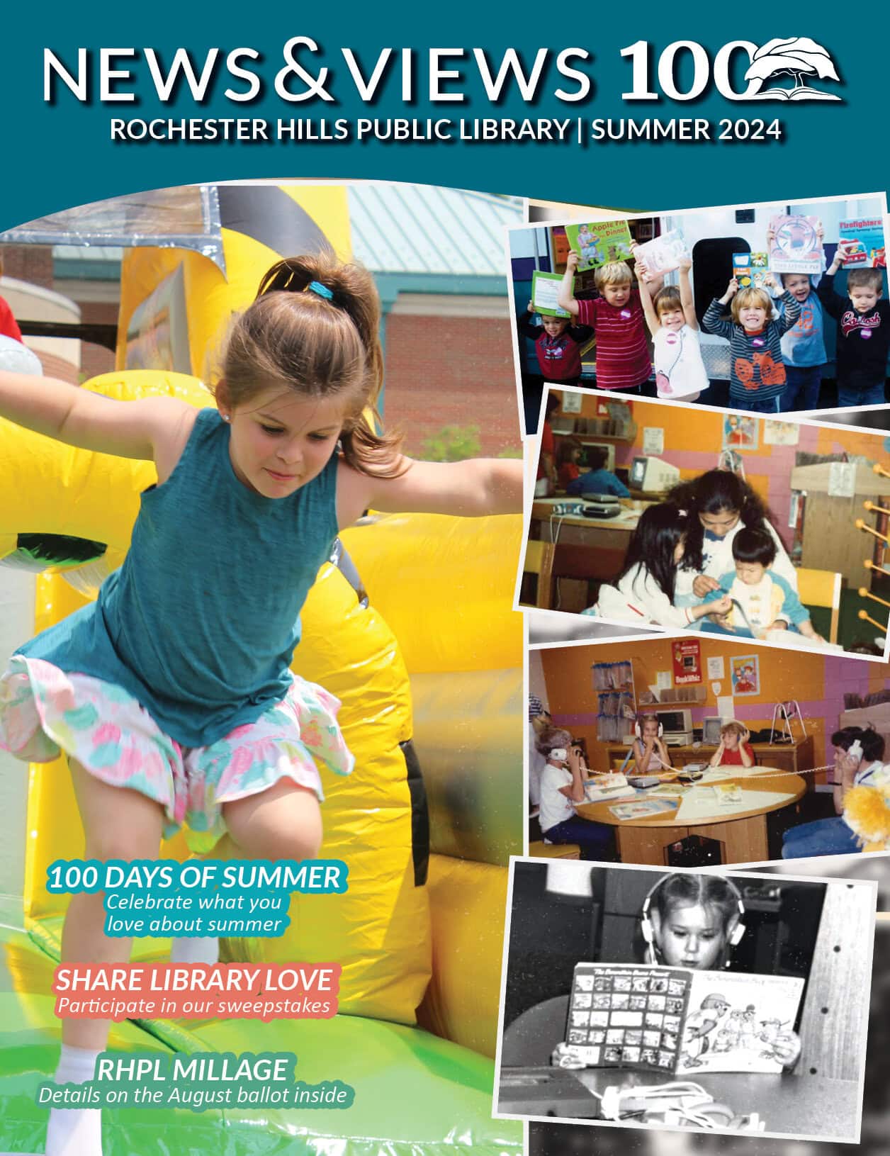 News and Views Summer 2024 cover. Shows girl climbing bounce house with a collage of children in historic library photos at events in the library.
